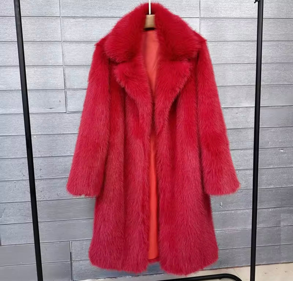 Women Fashion Color Faux Fur Long Coat
