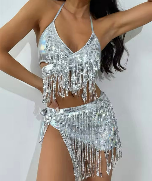 Women Sexy Metallic Sequins Bikini Cover Up Set