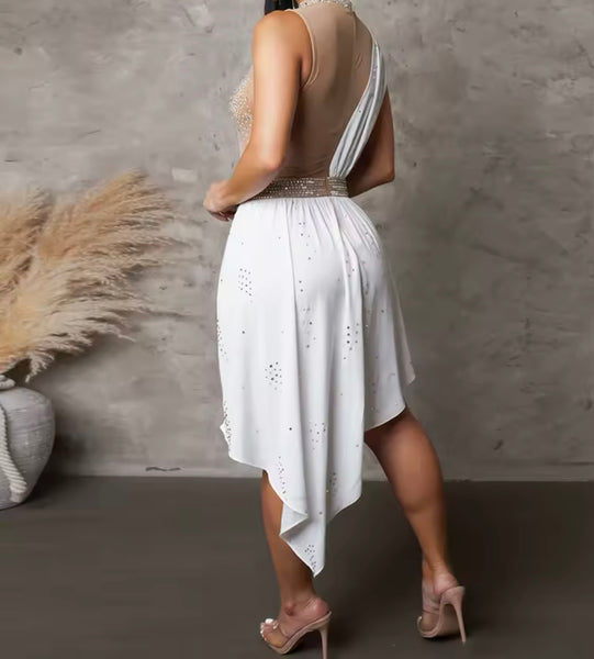 Women Sexy Sleeveless Bling Mesh Patchwork Asymmetrical Romper