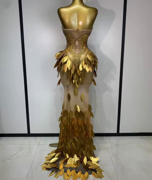 Women Gold Sexy Strapless Sequins Rhinestone Mesh Maxi Dress