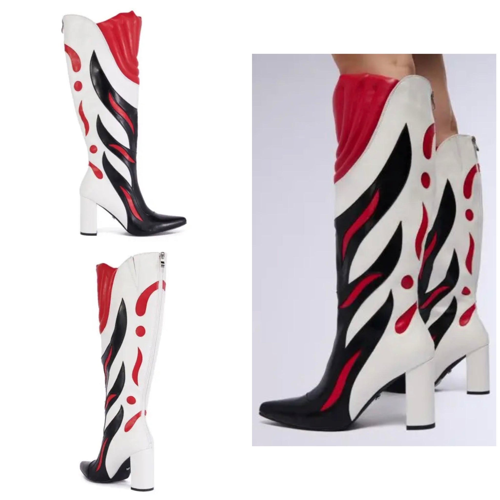 Women Color Patchwork Printed Fashion Faux Leather Knee High Boots