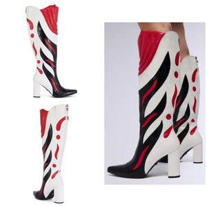 Women Color Patchwork Printed Fashion Faux Leather Knee High Boots
