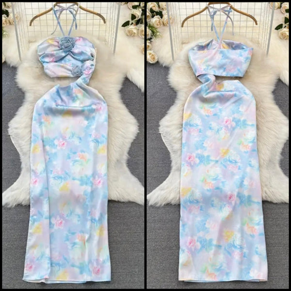 Women Sexy Sleeveless Tie Dye Cut Out Maxi Dress