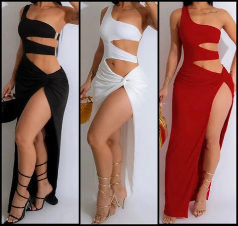 Women Sexy One Shoulder Sleeveless Cut Out Side Split Maxi Dress