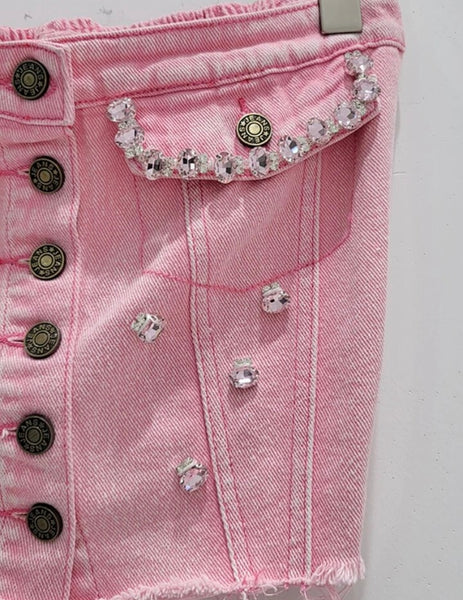 Women Fashion Button Up Strapless Pink Rhinestone Denim Crop Top