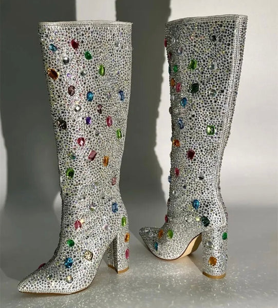 Women Fashion Silver Colorful Gem Ankle/Knee High Boots