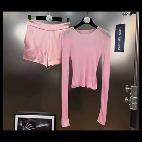 Women Sexy Pink Mesh Full Sleeve Two Piece Short Set