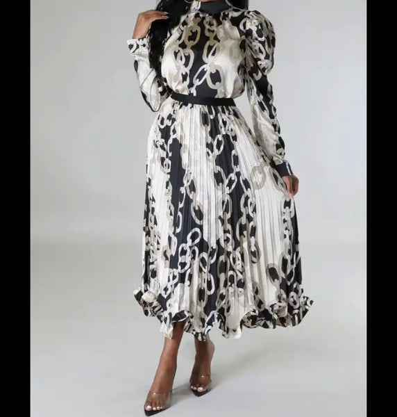 Women Sexy Printed Full Sleeve Maxi Pleated Dress