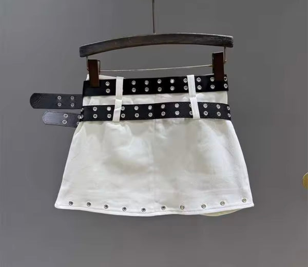 Women Fashion Double Belt Rivet Denim Skirt