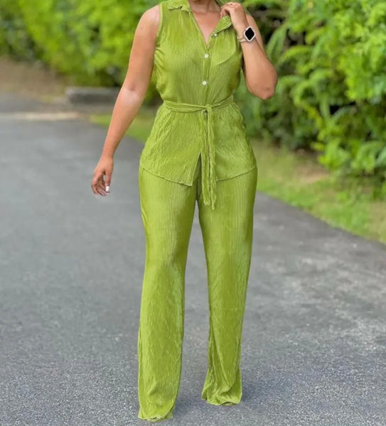 Women Button Up Sleeveless Solid Color Two Piece Pant Set
