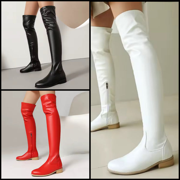 Women Color Over The Knee Flat Fashion Faux Leather Boots