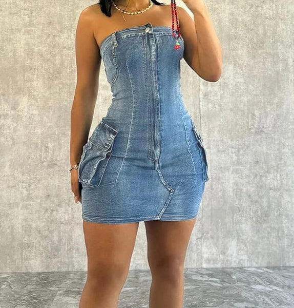 Women Sexy Strapless Cargo Denim Tube Dress