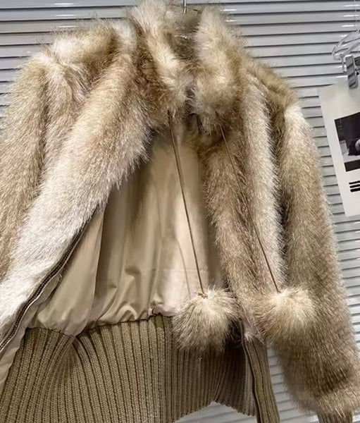 Women Fashion Color Patchwork Zip Up Faux Fur Jacket