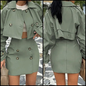 Women Button Full Sleeve Fashion Two Piece Skirt Set