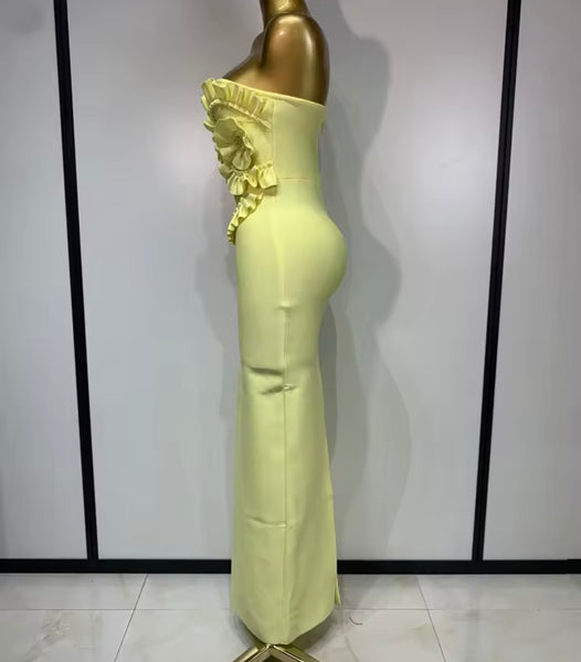 Women Yellow Ruffled Strapless Sexy Maxi Dress