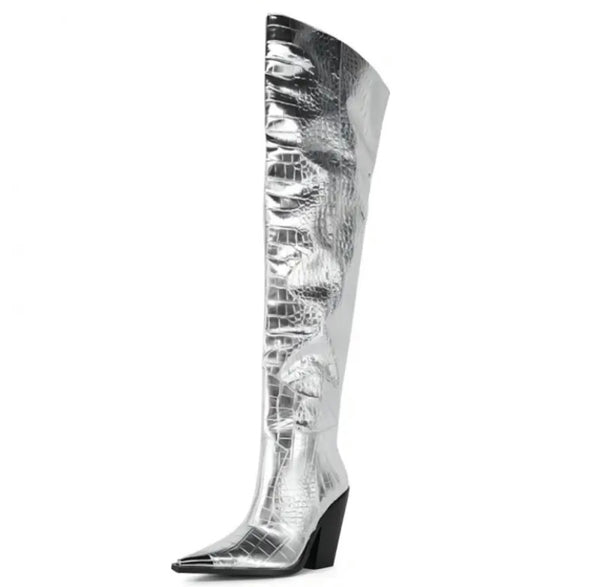 Women Fashion Silver Over The Knee Western Boots