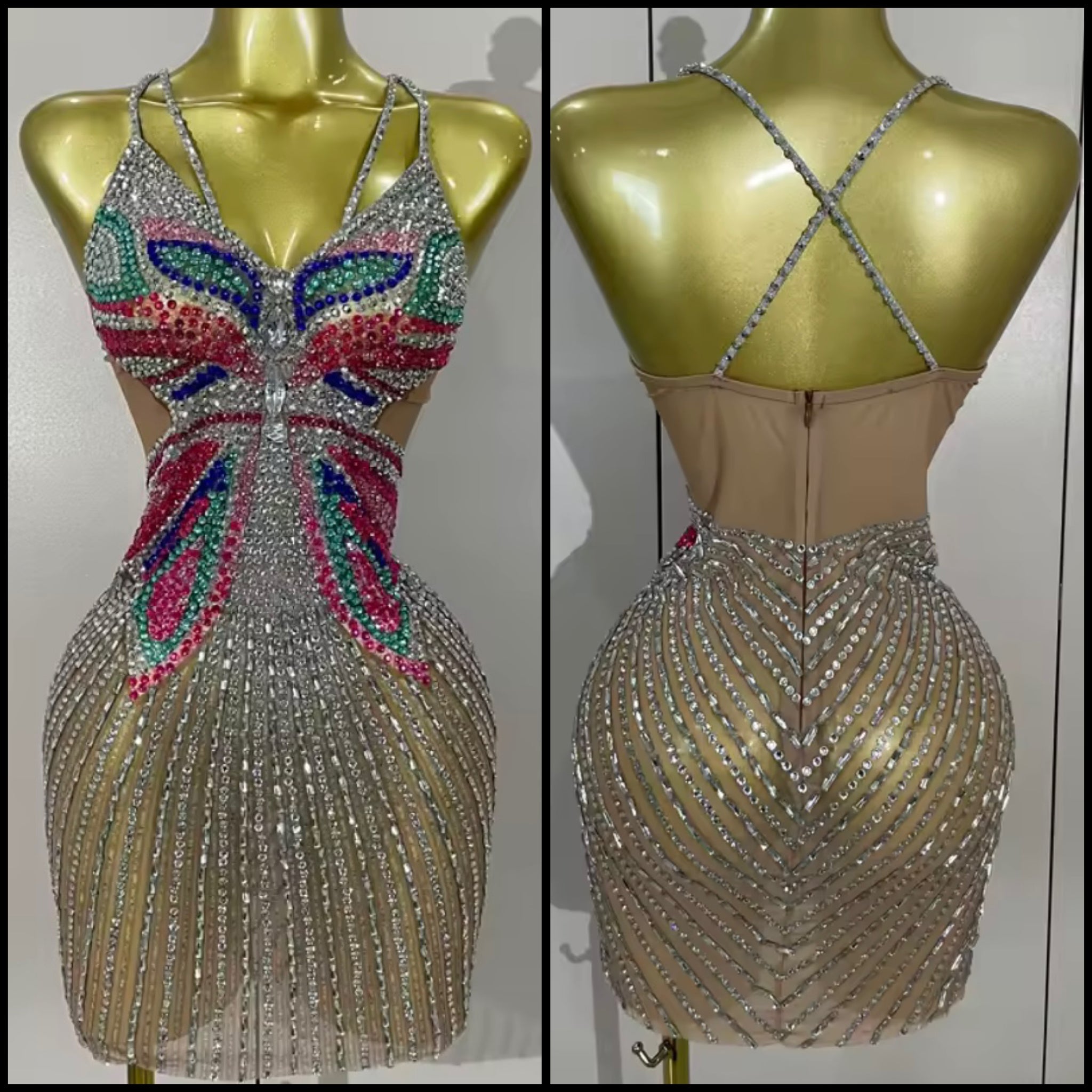 Women Sexy Sleeveless Colorful Rhinestone Mesh Dress
