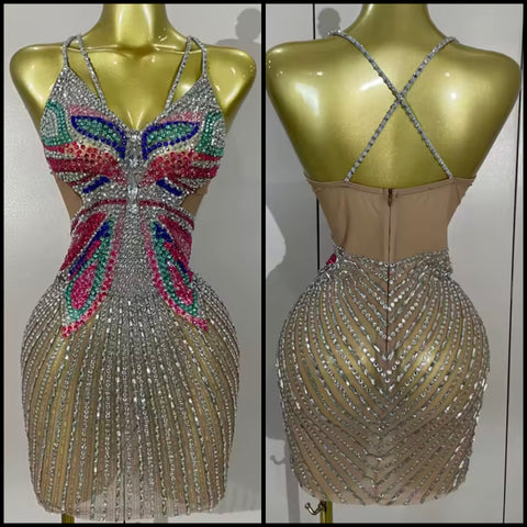 Women Sexy Sleeveless Colorful Rhinestone Mesh Dress