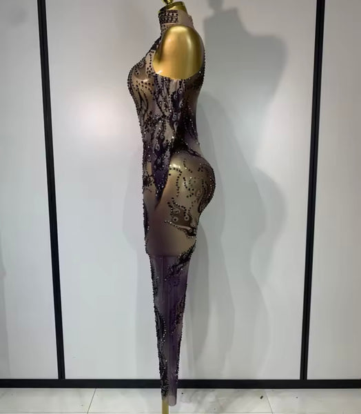 Women Color Rhinestone Mesh Full Sleeve Jumpsuit