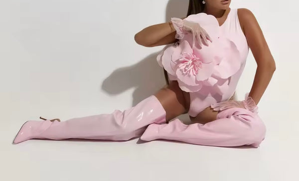 Women Pink PU Leather Fashion High Heel Over The Knee Boots