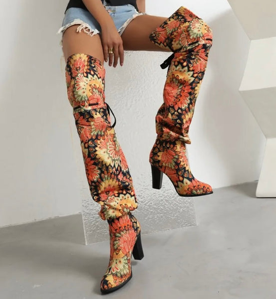 Women Fashion Printed Faux Leather Over The Knee Boots