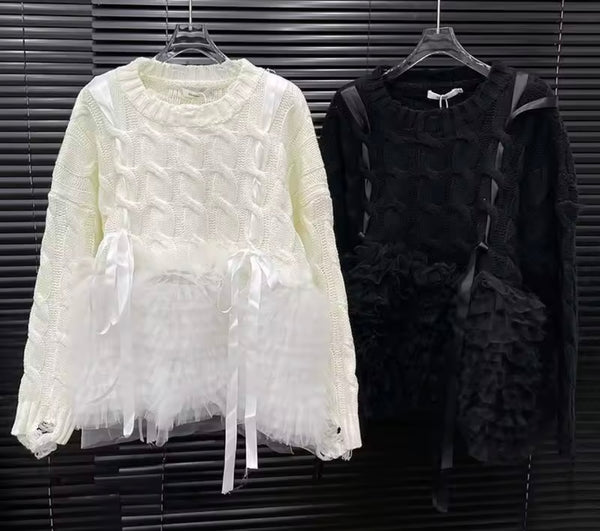Women Fashion Ruffled Bow Full Sleeve Sweater Top