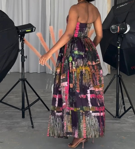 Women Sexy Multicolored Print Halter Sleeveless Maxi Dress