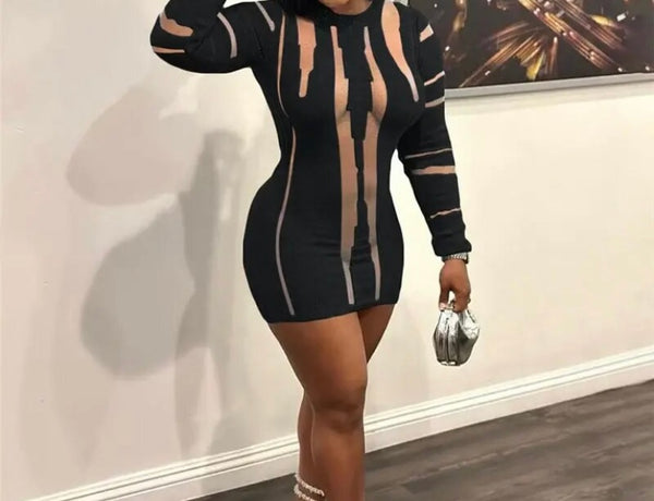 Women Sexy Mesh Patchwork Full Sleeve Open Back Dress