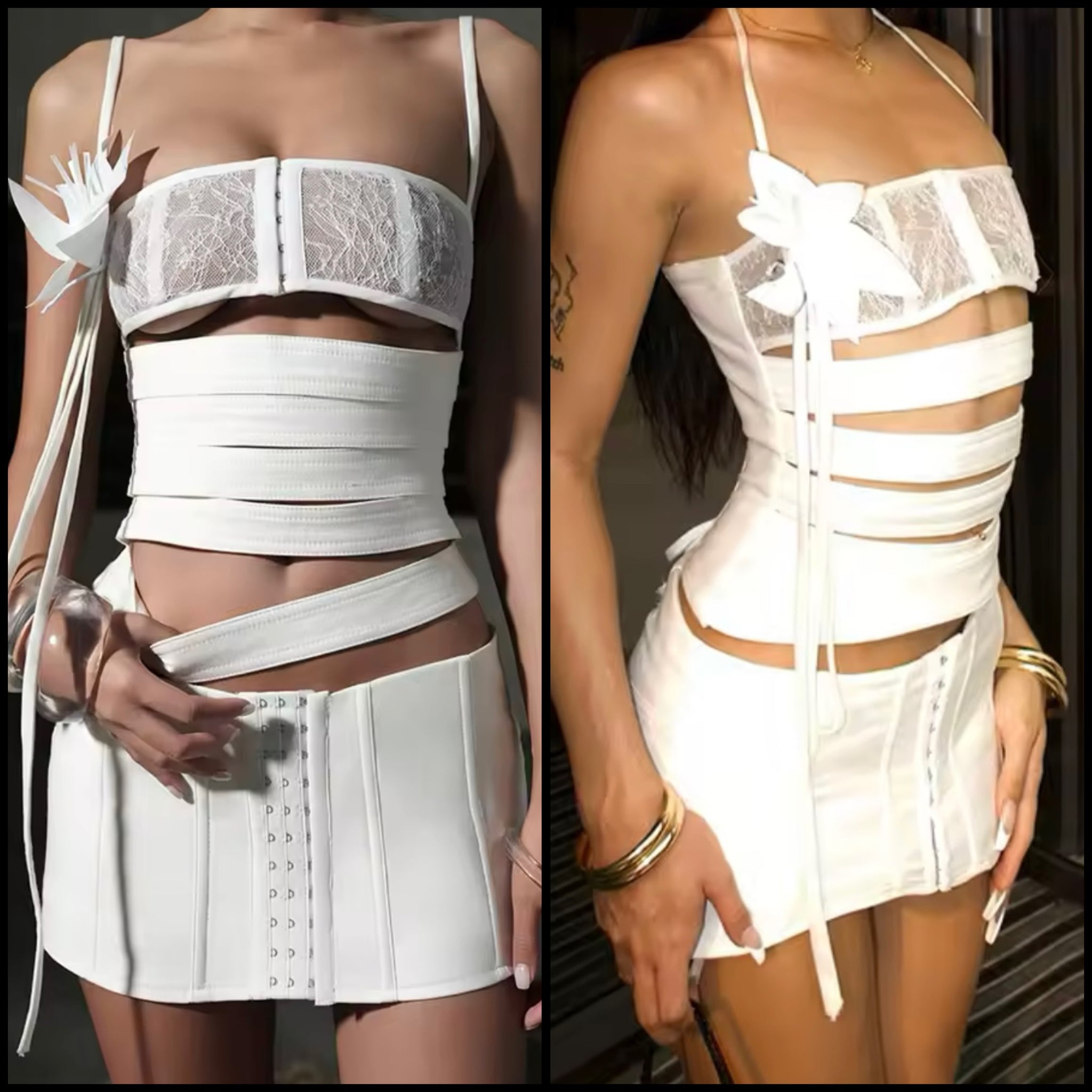 Women Sexy Sleeveless White Lace Corset Bandage Two Piece Skirt Set