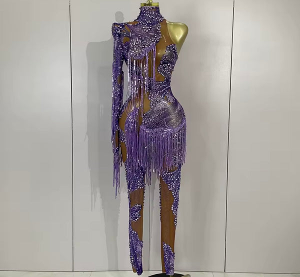 Women Sexy Purple One Shoulder Rhinestone Mesh Tassel Jumpsuit