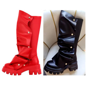 Women Fashion Color Button Faux Leather Flat Boots