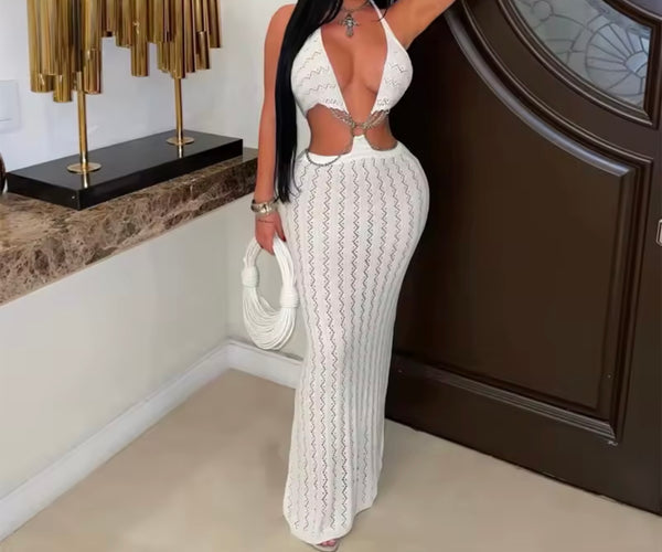 Women Sexy Chain Halter Sleeveless Knitted Maxi Dress