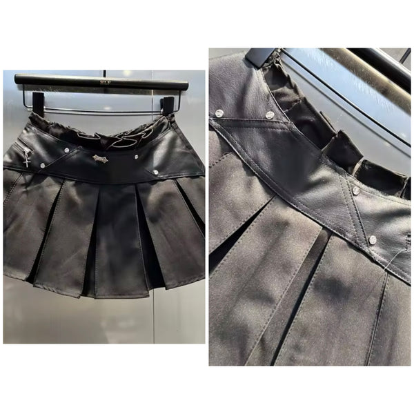 Women Fashion PU Patchwork Pleated Skirt