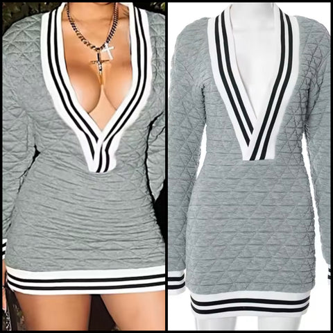 Women Sexy Deep V-Neck Gray Striped Full Sleeve Sweater Dress