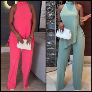 Women Solid Color Asymmetrical Sleeveless Two Piece Pant Set