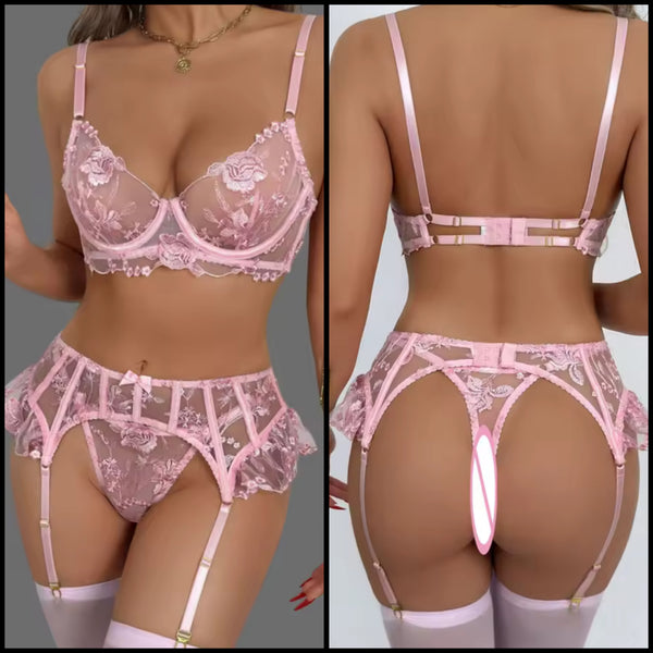 Women Sexy Pink Floral Mesh Lingerie Set