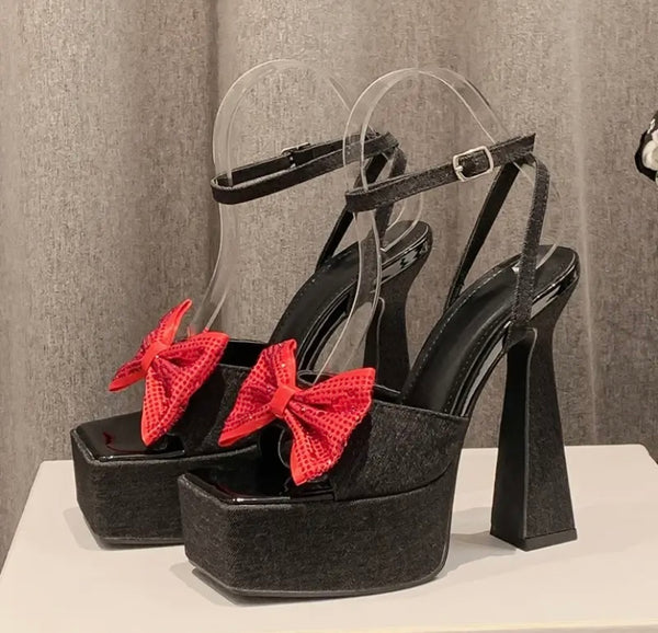 Women Fashion Denim Bow Platform Ankle Strap Sandals