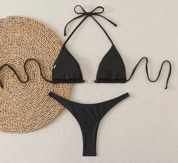 Women Sexy Halter Pearl Metal Bikini Swimsuit