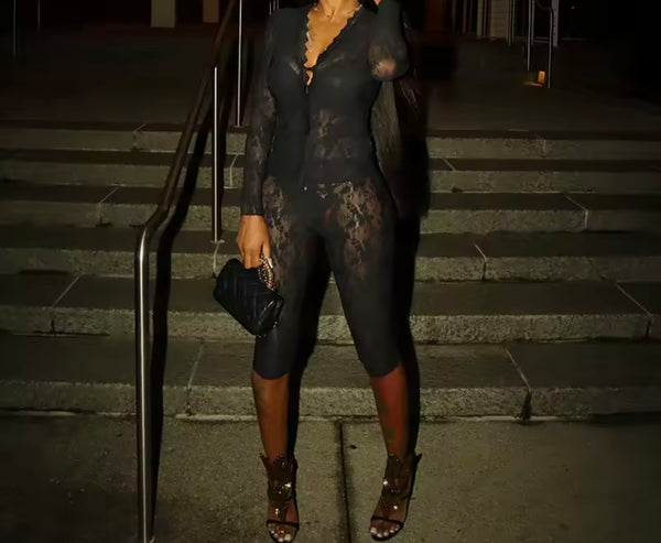 Women Sexy Black Lace Full Sleeve Two Piece Capri Pant Set