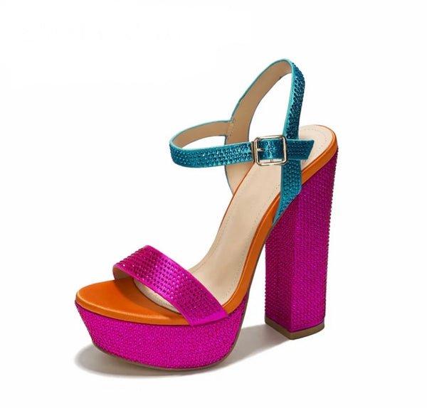 Women Fashion Bling Color Patchwork Platform Ankle Strap Sandals