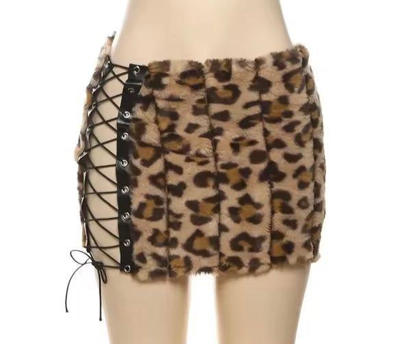 Women Sexy Fashion Leopard Print Lace Up Faux Fur Skirt