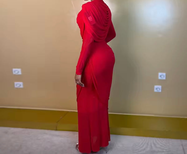 Women Red Sexy Ruche Draped Full Sleeve Maxi Dress