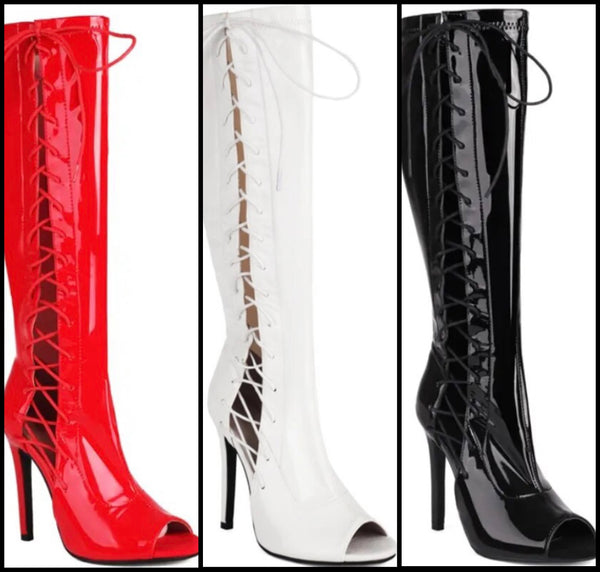 Women Fashion Open Toe Patent Leather Lace Up Knee High Boots