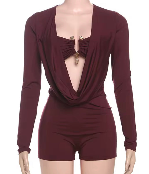 Women Sexy Metal Full Sleeve Color Cut Out Romper