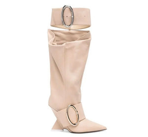 Women Pointed Toe Buckled Platform Wedge Faux Leather Boots