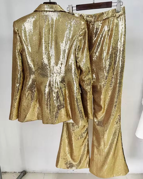 Women Fashion Gold Sequins Blazer Two Piece Pant Set