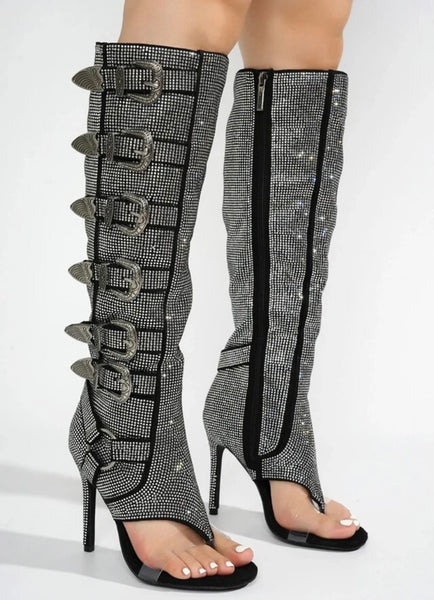 Women Fashion Open Toe Bling Buckled Knee High Boots