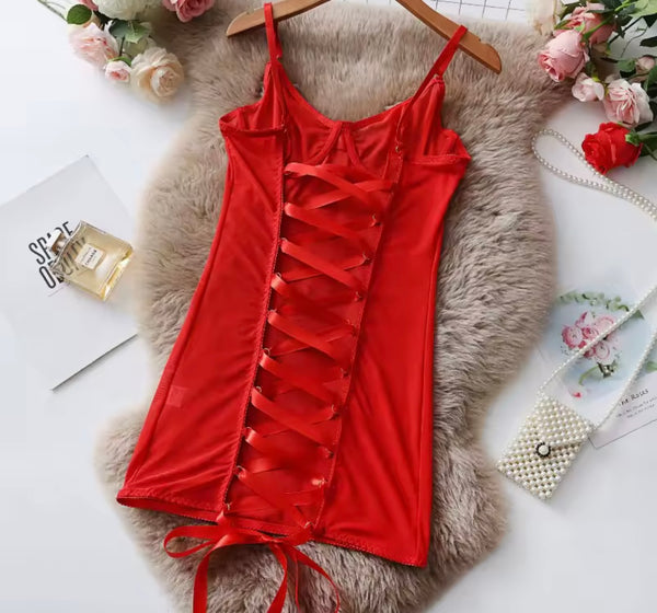 Women Sexy Sleeveless Open Back Lace Up Mesh Nightgown Lingerie