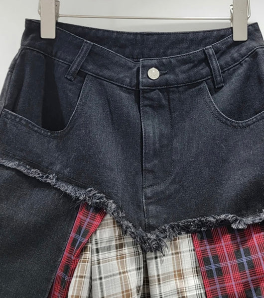 Women Fashion Denim Plaid Patchwork Skirt