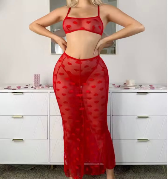 Women Sexy Sleeveless Heart Mesh Lingerie Set